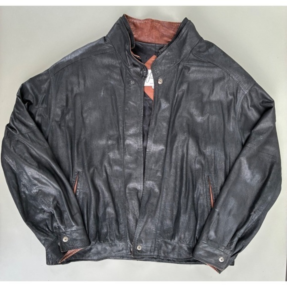 Vintage Remy Leather Mens Black Brown Two Tone Bomber Jacket Made in USA Size 44